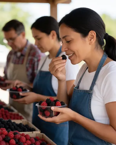 Une femme sourit en dégustant un fruit frais sur un stand de marché en plein air avec d'autres personnes et des caisses en arrière-plan.