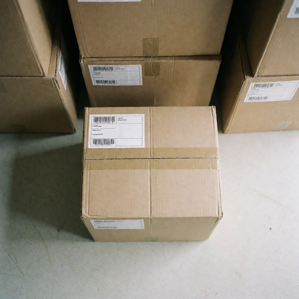 Carton de déménagement fermé et étiqueté, prêt à être expédié, dans un entrepôt avec d'autres cartons empilés, idéal pour les services de logistique.