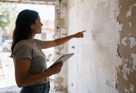 Une femme tenant une tablette pointe du doigt un mur en cours de rénovation, éclairage naturel, chantier actif.