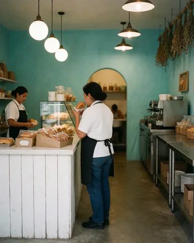 Une cliente profite d'un gâteau dans une boulangerie aux murs turquoise, au comptoir blanc et aux suspensions lumineuses créant une ambiance chaleureuse.