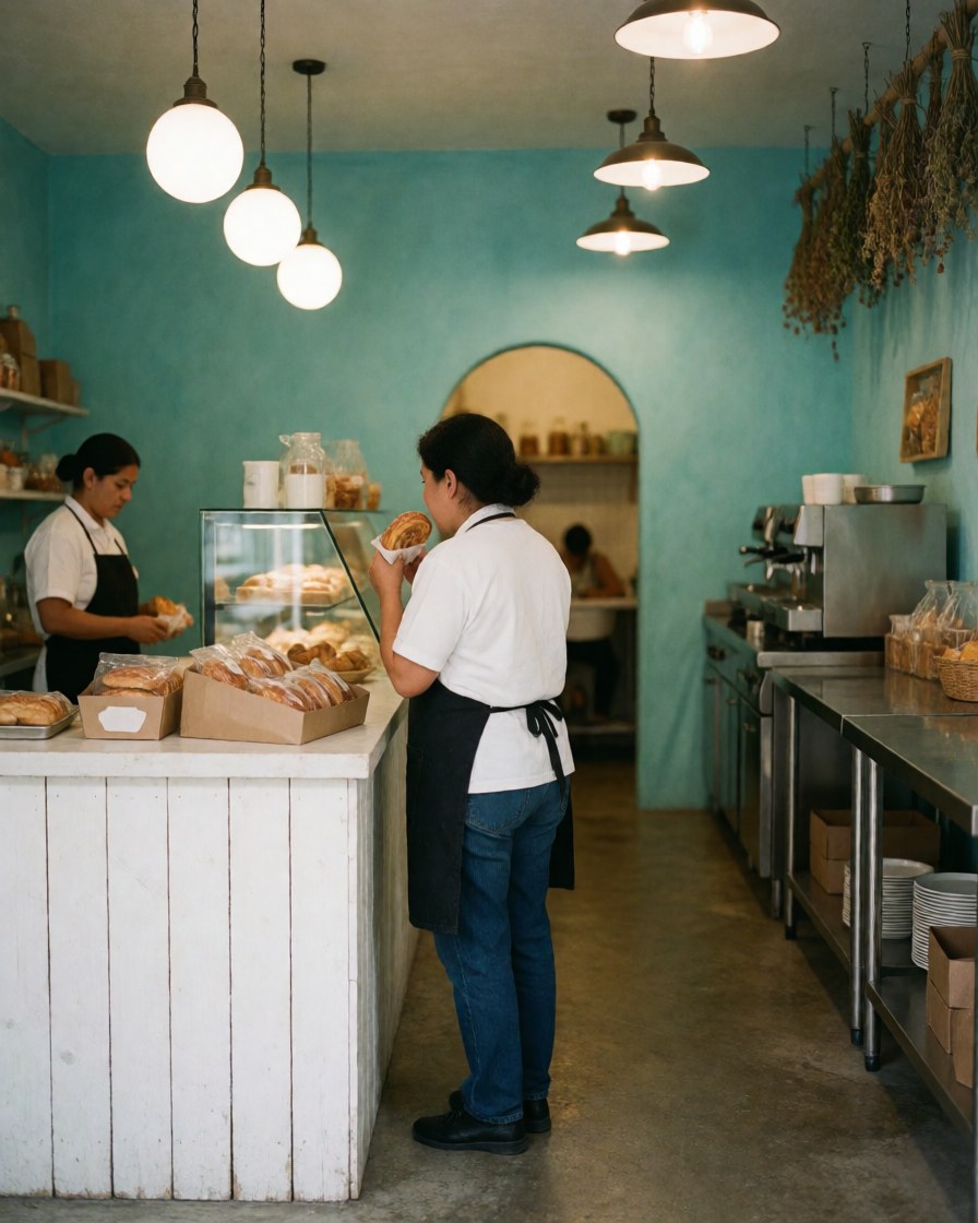 Une cliente profite d'un gâteau dans une boulangerie aux murs turquoise, au comptoir blanc et aux suspensions lumineuses créant une ambiance chaleureuse.