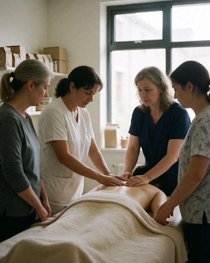Quatre femmes formant un thérapeute sur les techniques de massage dans un environnement spa naturel et professionnel.