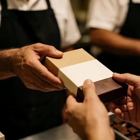 Une main tendant une boîte de chocolat à un client dans un magasin, mettant l'accent sur l'échange et l'emballage du produit.