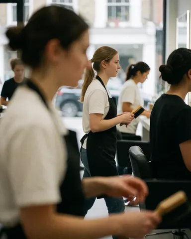 Des groomers en train de travailler dans un salon pour chiens, avec des brosses et du matériel de coiffure, dans une ambiance professionnelle.