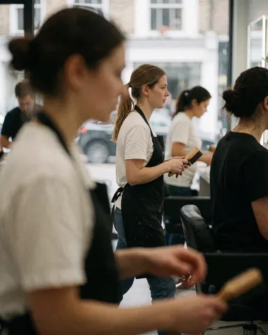 Des groomers en train de travailler dans un salon pour chiens, avec des brosses et du matériel de coiffure, dans une ambiance professionnelle.