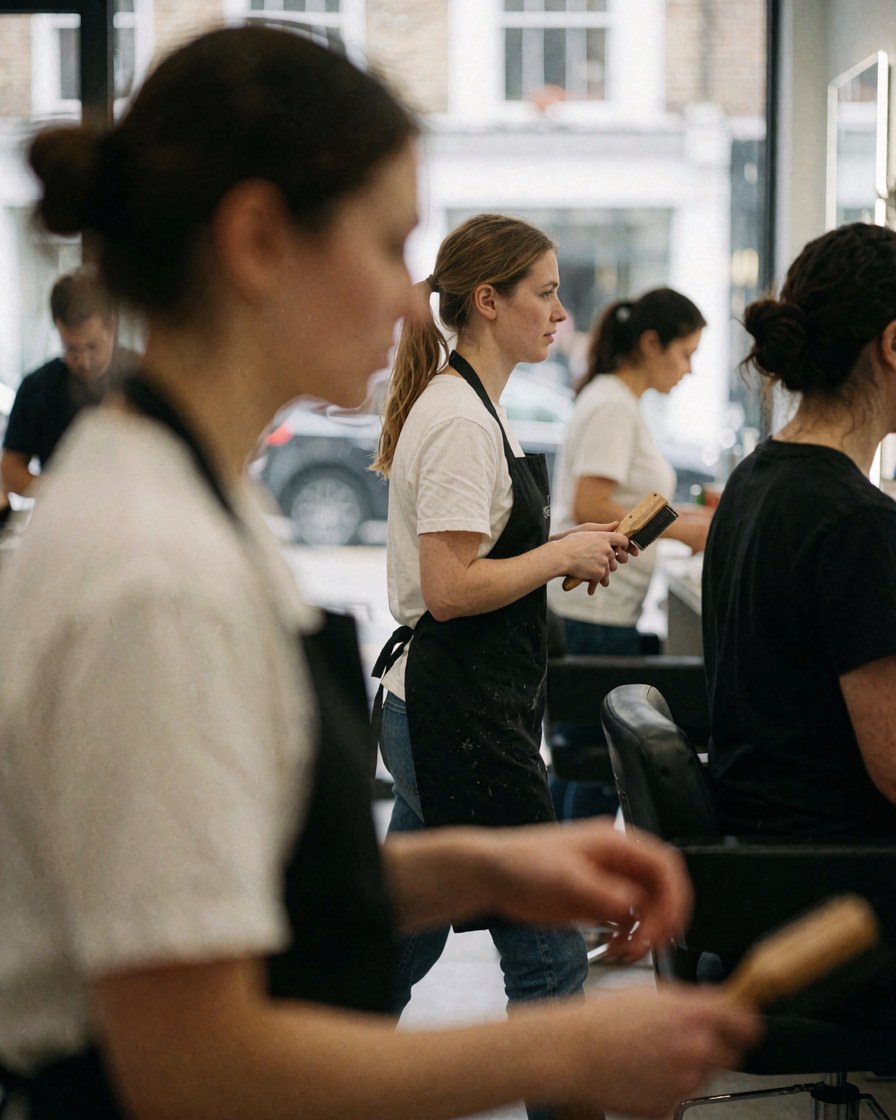 Des groomers en train de travailler dans un salon pour chiens, avec des brosses et du matériel de coiffure, dans une ambiance professionnelle.