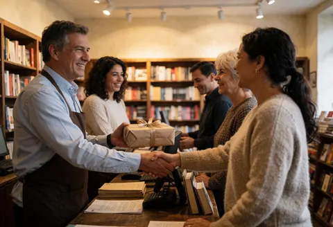 Un employé de librairie tend un paquet cadeau à une cliente dans un magasin rempli de livres.