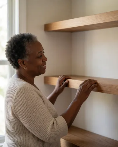 Une femme âgée aux cheveux bouclés regarde avec satisfaction une étagère en bois nouvellement installée chez elle, touchant doucement le bord avec ses deux mains.