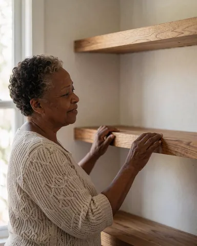 Une femme âgée aux cheveux bouclés regarde avec satisfaction une étagère en bois nouvellement installée chez elle, touchant doucement le bord avec ses deux mains.