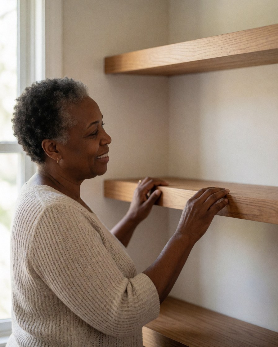 Une femme âgée aux cheveux bouclés regarde avec satisfaction une étagère en bois nouvellement installée chez elle, touchant doucement le bord avec ses deux mains.