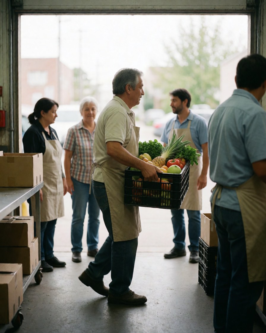 Des travailleurs dans un entrepôt de catering portent une caisse remplie de fruits et légumes frais tandis que d'autres employés sont visibles en arrière-plan.