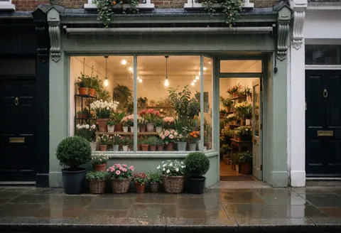 Devanture d'un magasin de fleurs à Londres avec une fenêtre lumineuse, des plantes en pot et un sol mouillé par la pluie.
