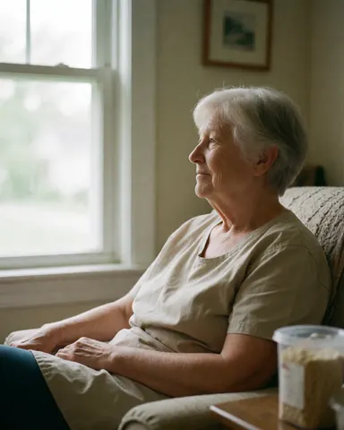 Une femme âgée aux cheveux blancs est assise sur un fauteuil, regardant par la fenêtre avec une expression sereine et relaxée, baignée de lumière naturelle.
