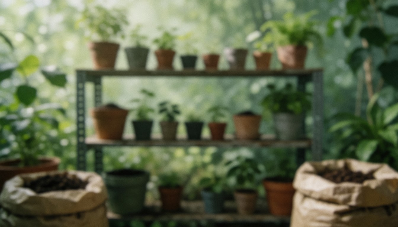Arrière-plan de jardinage composé d'étagères contenant des pots et de sacs de terre, offrant une ambiance naturelle et professionnelle adaptée à l'ajout de texte.