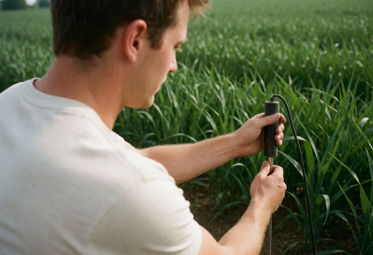 Un jeune agricultor dans un champ vert mesure l'humidité du sol avec un outil électronique sous lumière naturelle.