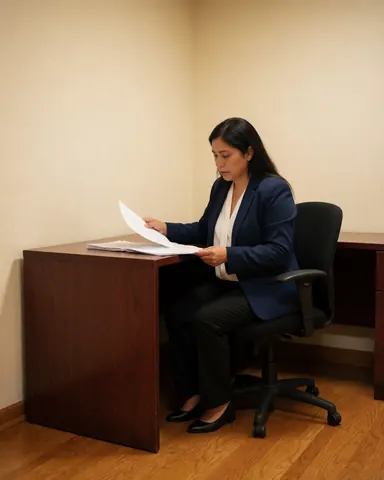 Une avocate assise à son bureau en bois examine des papiers avec attention. Le bureau présente des murs crème, un sol en bois poli et une éclairage chaleureux.