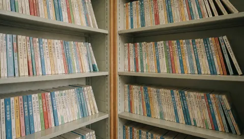Étagères remplies de livres de théorie de la conduite destinés aux élèves conducteurs, créant un fond éducatif calme et ordonné.