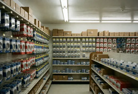Intérieur d'un entrepôt électrique vide, étagères contenant des boîtes de câbles et des interrupteurs, éclairage fluorescent, environnement propre et organisé pour un professionnel de l'électricité.