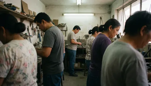 Groupe d'artisans occupés à travailler dans un atelier métallique, entouré d'outils et de machines dans un environnement réaliste.