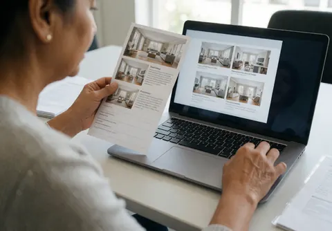 Une femme âgée consulte un dépliant immobilier tout en comparant des images sur son ordinateur portable dans un bureau bien éclairé.