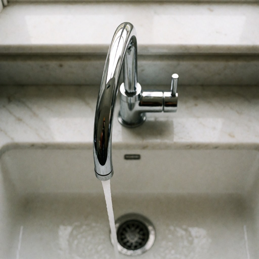Un évier de cuisine équipé d'un robinet en chrome brillant avec de l'eau qui coule, posé sur un plan de travail en marbre blanc poli, dans une scène moderne et propre.