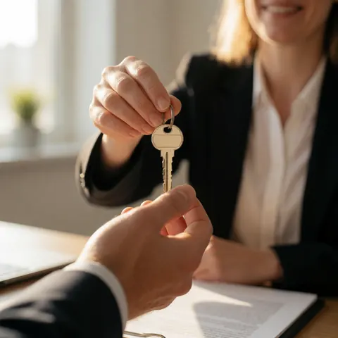 Une femme en bureau remet des clés à un client, symbolisant une transaction immobilière dans un cadre professionnel et lumineux.