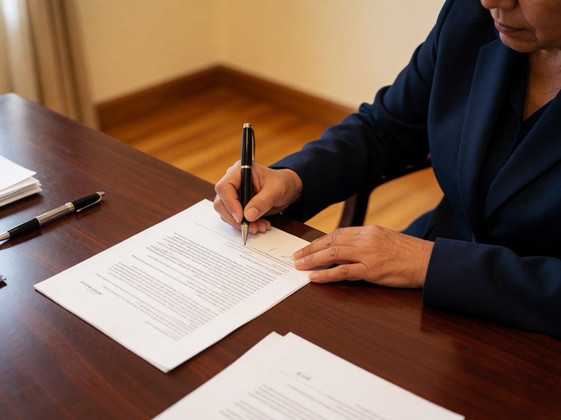 Une avocate en blazer bleu signe un document légal avec un stylo sur un bureau en bois, entourée de papiers et d'un autre stylo.