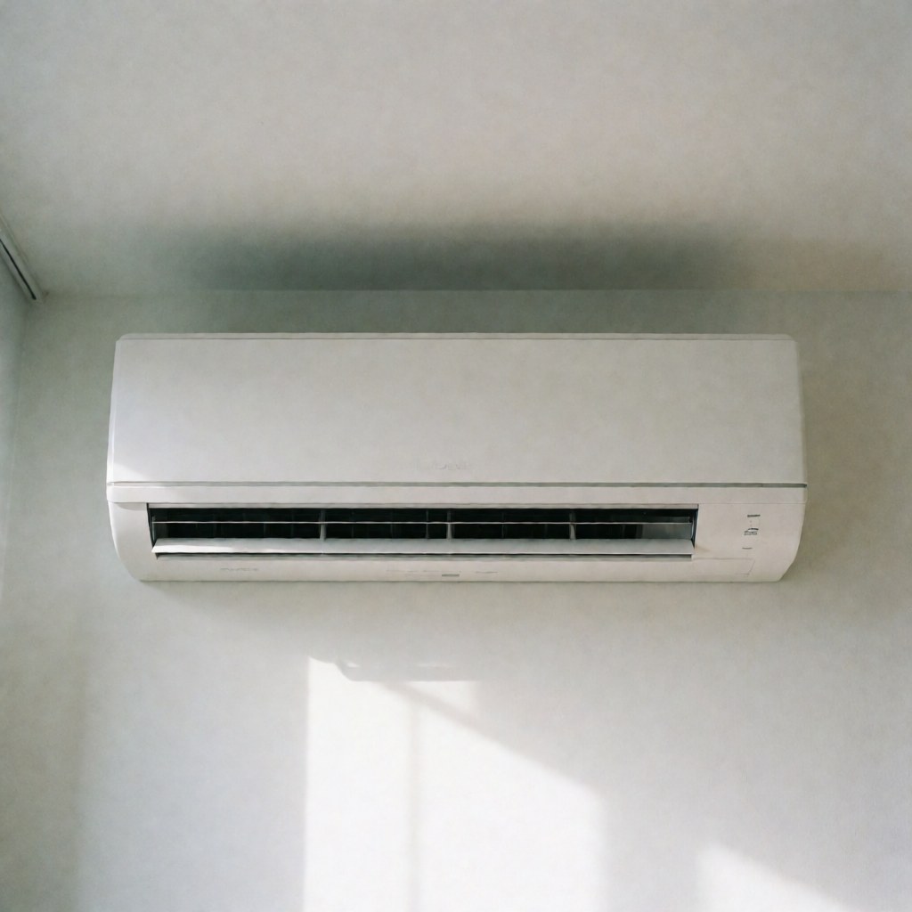 Climatiseur mural blanc installé en intérieur avec éclairage naturel et ombres douces, adapté aux environnements commerciaux.