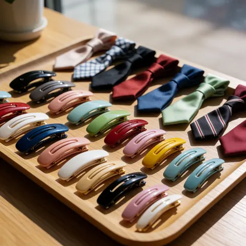Plateau en bois contenant des pinces à cheveux et des rubans colorés éclairés par la lumière naturelle, idéaux pour les salons de coiffure ou les boutiques d'accessoires.