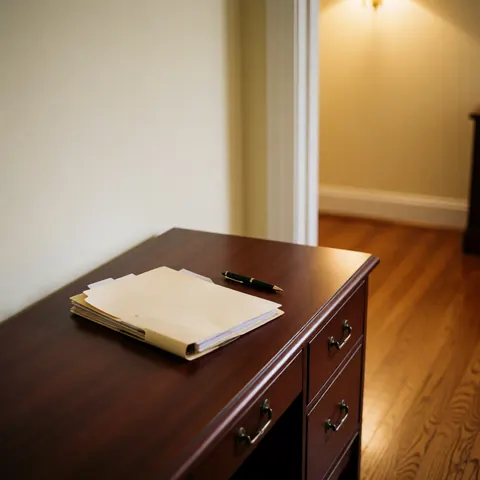 Un dossier de documents et un stylo noir posés sur un bureau en bois poli avec des murs crème et un sol en bois dans un environnement professionnel.