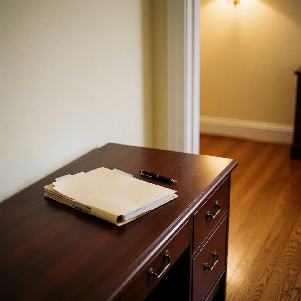 Un dossier de documents et un stylo noir posés sur un bureau en bois poli avec des murs crème et un sol en bois dans un environnement professionnel.