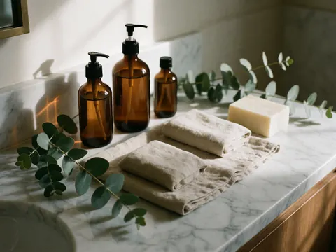 Bouteilles en verre, servîtes et eucalyptus frais disposés sous la lumière naturelle dans un luxueux environnement hôtelier.