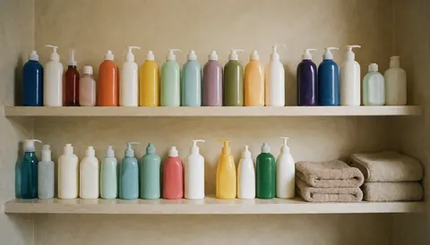 Étagère contenant des bouteilles de produits pour chiens et des serviettes pliées, offrant un fond doux pour un site web de toilettage canin.