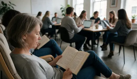Une femme plus âgée lit confortablement dans un fauteuil au sein d'un bureau partagé, avec des collègues travaillant en arrière-plan dans une ambiance calme et lumineuse.