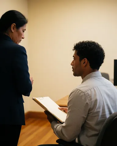 Un homme assis tenant un dossier échange avec une femme debout lors d'une consultation juridique en cabinet.