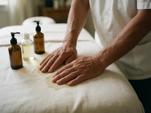 Mains d'un thérapeute appliquant de l'huile organique sur les draps d'un lit de massage, avec des flacons d'huile posés à côté.