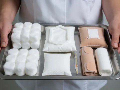 Plateau métallique contenant du coton, des bandages, des lingettes antiseptiques et un thermomètre pour usage clinique.