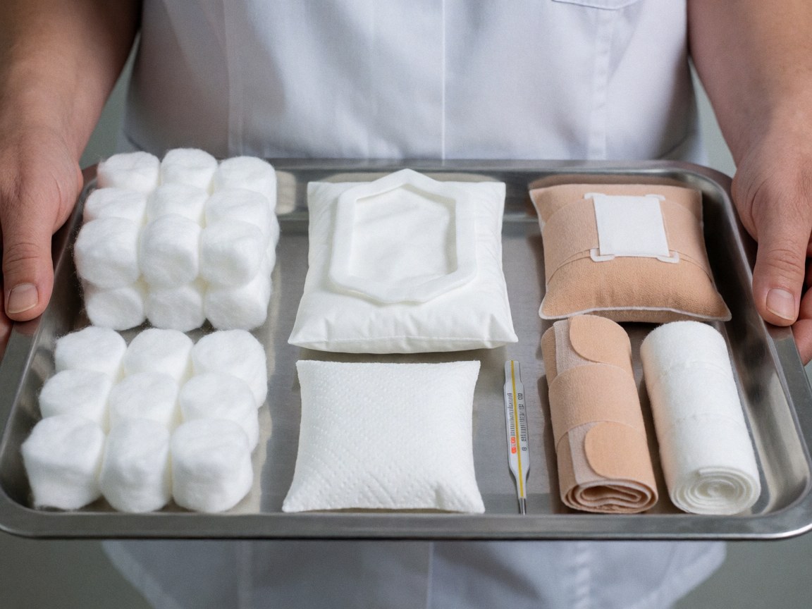 Plateau métallique contenant du coton, des bandages, des lingettes antiseptiques et un thermomètre pour usage clinique.