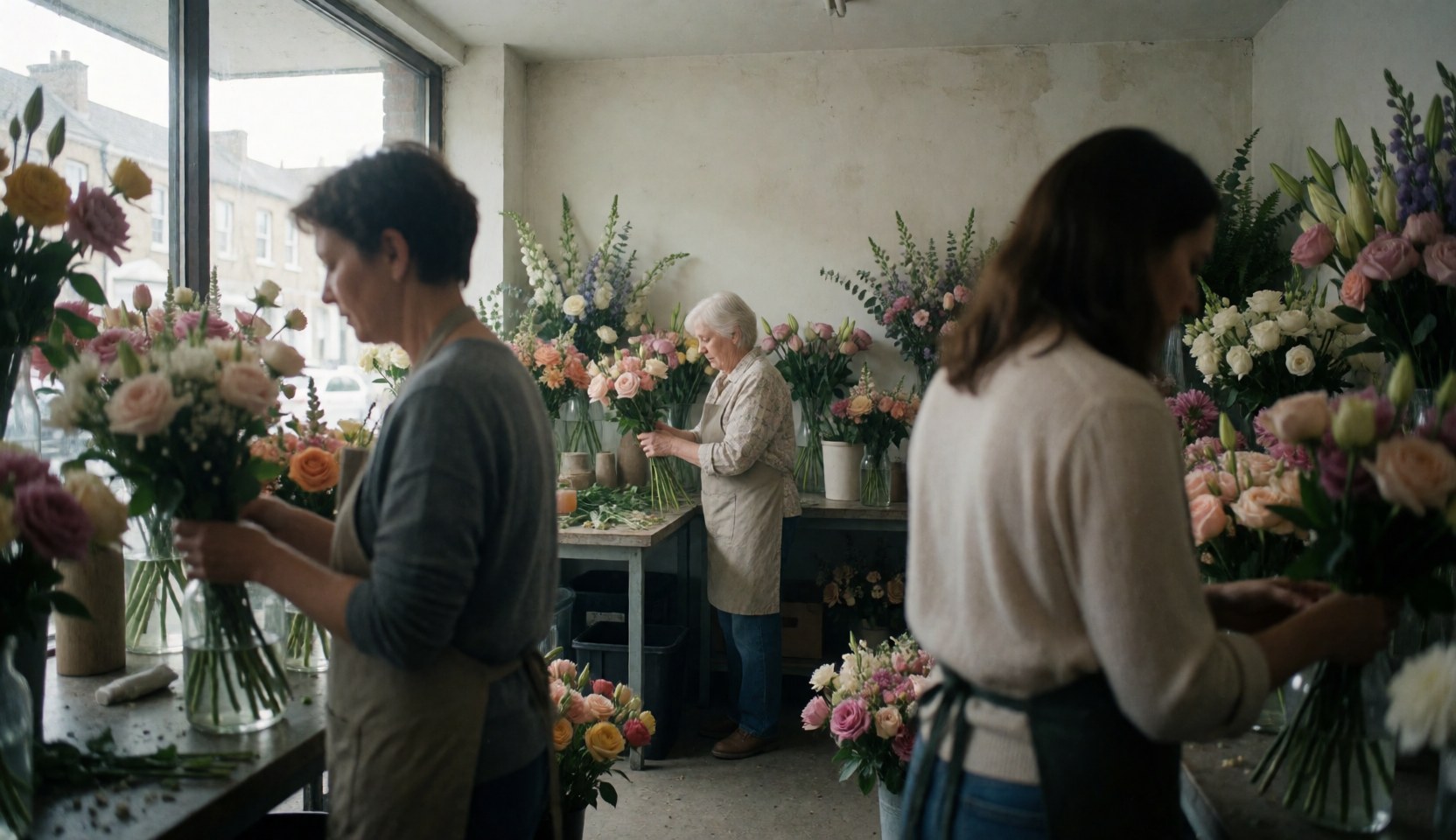 Vue intérieure d'une boutique de fleurs où trois employés composent des bouquets parmi des vases, des tables et des fenêtres baignées de lumière naturelle.