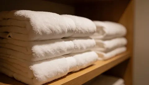 Des serviettes blanches soigneusement empilées sur une étagère en bois avec un éclairage chaleureux et un fond flou, idéal pour illustrer les services hôteliers.