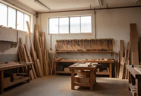 Un atelier de menuiserie inoccupé présentant des outils suspendus, des planches de bois et des tables de travail éclairés par la lumière naturelle du matin.