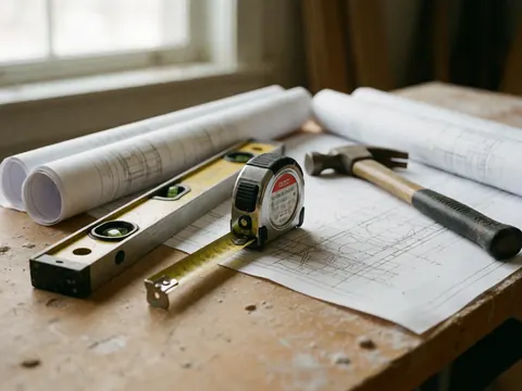 Mètre ruban, niveau et marteau posés sur des plans architecturaux étalés sur une table en bois poussiéreuse éclairée par la lumière naturelle.