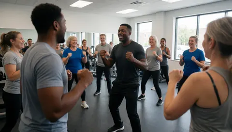 Groupe diversifié en cours de gym, un instructeur qui dirige, ambiance énergique et réaliste, personnes de différents âges et styles vestimentaires sportifs.