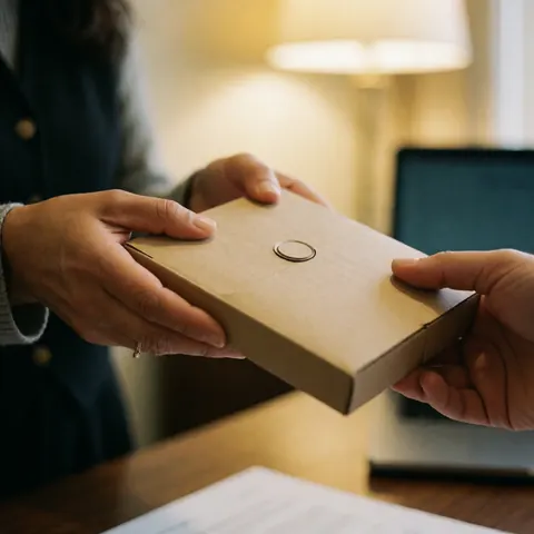 Une main tendue présentant une boîte de bienvenue dans un environnement de bureau professionnel baigné d'une lumière chaleureuse.