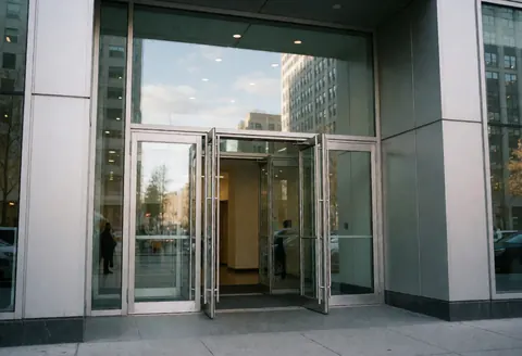 Façade vitrée d'un bâtiment professionnel avec des portes d'entrée et des reflets urbains suggérant un environnement corporate.