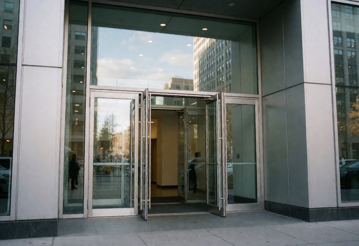 Façade vitrée d'un bâtiment professionnel avec des portes d'entrée et des reflets urbains suggérant un environnement corporate.