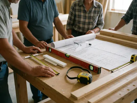 Quatre adultes consultent des plans architecturaux sur une table en bois entourée d'outils de menuiserie tels qu'un niveau, un mètre ruban et des lunettes de sécurité.