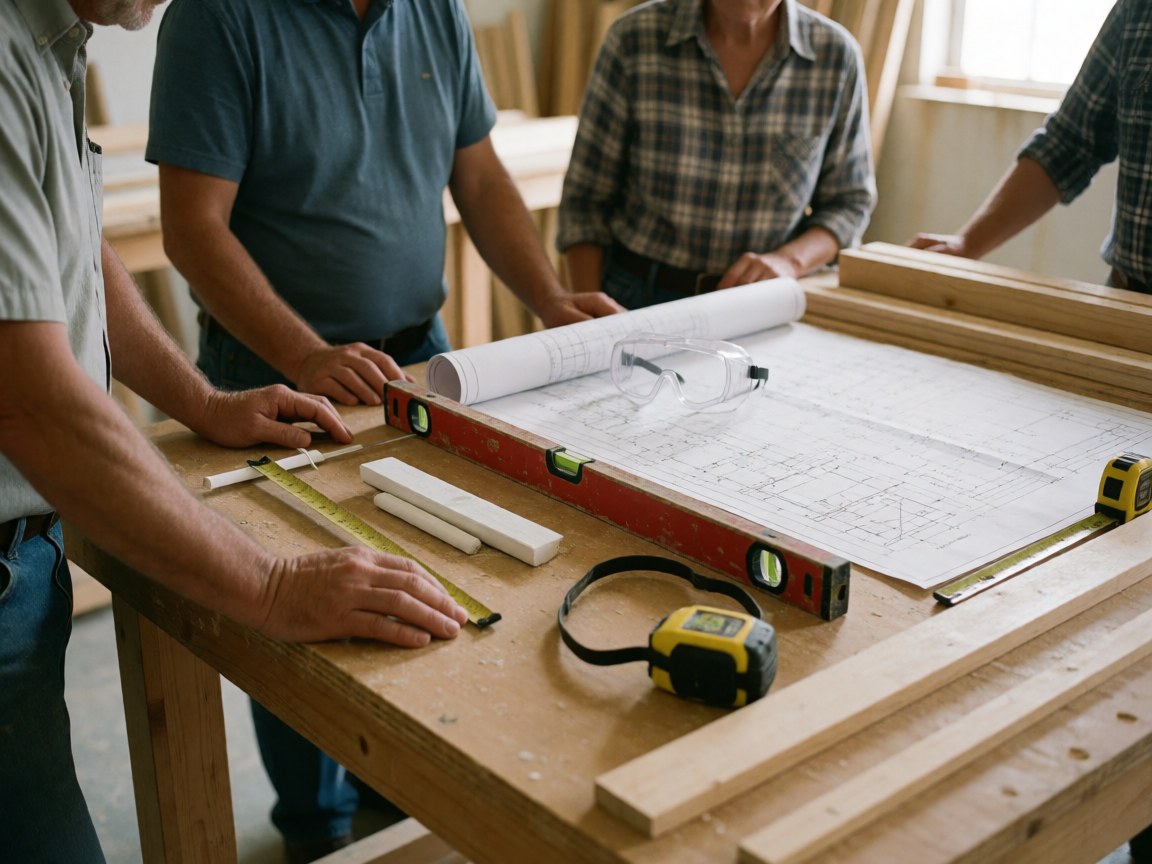 Quatre adultes consultent des plans architecturaux sur une table en bois entourée d'outils de menuiserie tels qu'un niveau, un mètre ruban et des lunettes de sécurité.