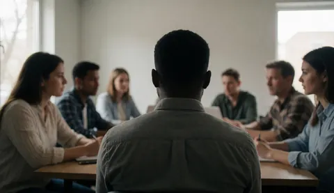 Équipe de consultants réunie autour d'une table, vue par-derrière le leader, dans un environnement professionnel et collaboratif.