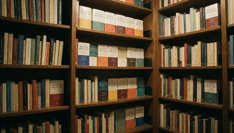 Des étagères en bois chargées de livres et de dictionnaires créent un environnement chaleureux et studieux, idéal pour illustrer l'apprentissage des langues.